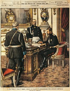 Zar Nikolaus II unterzeichnet Projekt für institutionelle Reformen, von Achille Beltrame (1871-1945), aus La Domenica del Corriere, 8. Januar 1905