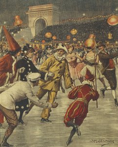 Typische Kostümparty auf dem Eis in Aren in Mailand, von Achille Beltrame, Illustration, Illustrator Achille Beltrame (1871-1945), aus La Domenica del Corriere von Achille Beltrame