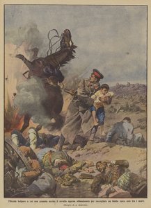 Ein bulgarischer Offizier, dessen Pferd von einer Granate getötet wurde, gerade als er ein Kind aufhob...