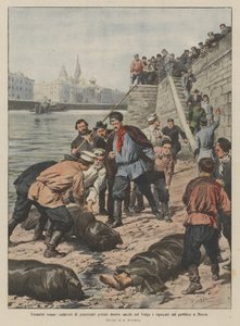 Russische Menschlichkeit, Leichen von Hingerichteten in Säcken in die Wolga geworfen und von der Öffentlichkeit in Moskau geborgen