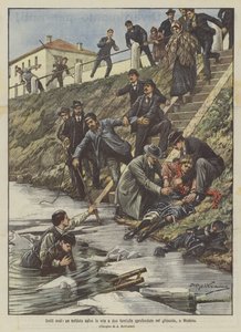 Bescheidene Helden, ein Soldat rettet zwei Mädchen, die im Eis eingebrochen sind, in Modena von Achille Beltrame