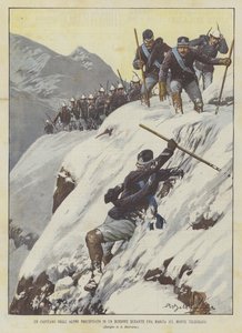Ein Hauptmann der Alpini stürzt während eines Marsches auf dem Monte Telegrafo in eine Schlucht von Achille Beltrame