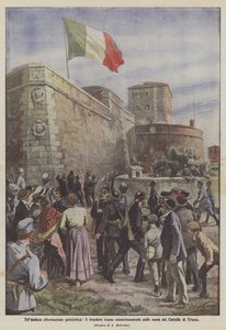 Eine kühne patriotische Bekundung, die Trikolore, die geheimnisvoll auf den Mauern der Burg von Triest gehisst wurde