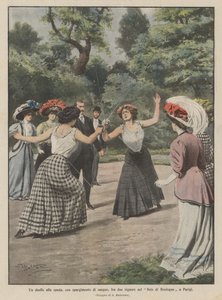 Ein Duell mit dem Schwert, mit Blutvergießen, zwischen zwei Damen im Bois de Boulogne in Paris