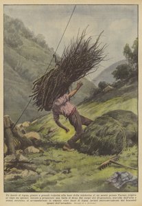 Ein Bündel Holz, das mit hoher Geschwindigkeit an der Basis der Seilbahn eines Berges bei Varese ankam? von Achille Beltrame