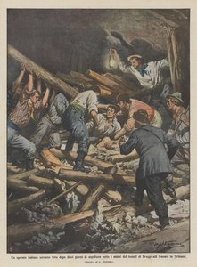 Ein italienischer Arbeiter nach zehn Tagen unter den Felsen des Tunnels lebend geborgen von Achille Beltrame