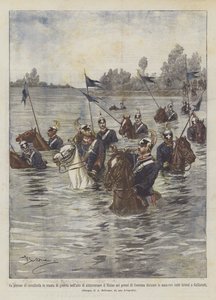 Ein Kavallerieplatoon in Kriegsaufstellung beim Überqueren des Ticino in der Nähe von Achille Beltrame