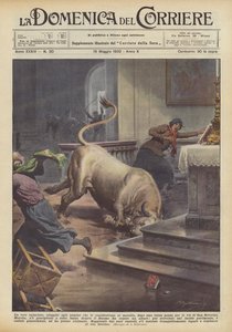 Ein wütender Stier, der den Männern entkommen war, die ihn zum Schlachthof führten, nach einem wilden Lauf durch...
