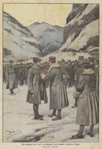 Eine Zeremonie im Schnee, die Verleihung von zwei Silbermedaillen für Tapferkeit von Achille Beltrame