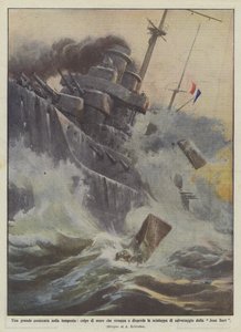 Ein großes Schlachtschiff im Sturm, eine Welle reißt und verstreut die Rettungsboote