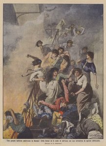 Ein großes amerikanisches Schneideratelier in Flammen, heftiger Kampf auf den Rettungstreppen mit etwa siebzig Personen von Achille Beltrame