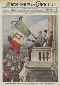 Eine unvergessliche Szene, in der Stunde der Prüfung, der König schwenkt vom Quirinal aus die Trikolore und ruft Viva l