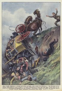 Eine alte Pferdekutsche fuhr voll besetzt auf der Straße zwischen Rivarossa und San Benigno, bei Turin von Achille Beltrame