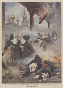 Ein historisches Kloster in Flammen in Podolien (europäisches Russland), fünf katholische Nonnen starben in den Flammen