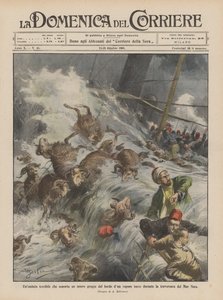 Eine schreckliche Welle reißt eine ganze Schafherde vom Rand eines türkischen Dampfers während der Überfahrt über das Schwarze Meer von Achille Beltrame