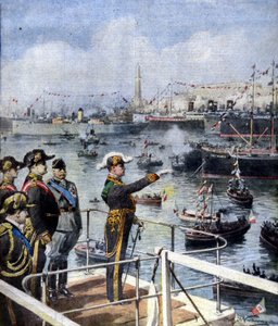 Besuch von Benito Mussolini in Genua: Der Duce grüßt die Stadt von der Esperia-Brücke (Illustration von Beltrame, La Domenica del Corriere, 6. Juni 1926) von Achille Beltrame