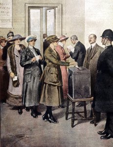 Frauen wählten zum ersten Mal in England. 1919. Illustration von A. Beltrame. La Domenica del Corriere von Achille Beltrame