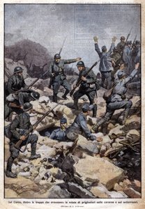 Erster Weltkrieg: Italienische Front auf dem Karstplateau (Trentino) und Gefangene im Untergrund. „Domenica del Corriere“. 07/1917 (Lithographie)