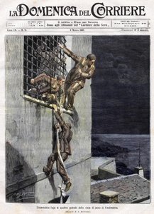 Flucht von drei Gefangenen aus dem Gefängnis von Finalmarina in Italien im Jahr 1907. Illustration von Achille Beltrame für die Domenica del Corriere vom 3. März von Achille Beltrame