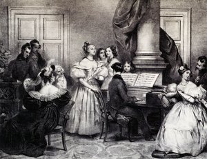 Familienkonzert mit Klavier, von Achille Deveria, Gravur, Frankreich
