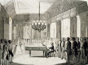 Musikalischer Abend mit Klavier, von Achille Deveria, Gravur, Frankreich von Achille Devéria