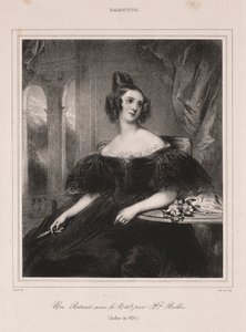 Junge Frau mit einem Fächer, die an einem Tisch sitzt, 1835 von Achille Devéria