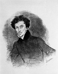 Porträt des französischen Schriftstellers Alexandre Dumas Vater (1802 - 1870) um 1832. Lithographie von Deveria. von Achille Devéria