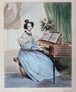 Sieben Uhr abends, Frau am Pianoforte von Devéria, Anfang des 19. Jahrhunderts