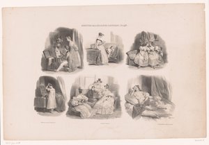 Sechs Darstellungen von jungen Frauen in einem Interieur
