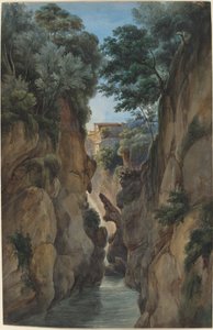 Blick auf einen Wasserfall durch eine Schlucht von Achille Etna Michallon