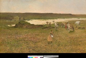 In der Nähe von Sesto Calende, Lombardei, Italien oder „Weiden in der Ebene“ (in der Nähe von Sesto Calende, Italien oder Weiden in der Ebene) Gemälde von Achille Formis (1832-1906) 1887 Private Sammlung von Achille Formis Befani