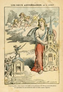 Illustration von Achille Lemot (1846-1909) in Le Pelerin, 09/09/06 - Die beiden Gegner - Antisemitismus, Religion Glaube, Dreifarbige Flagge, Kathedrale Kirchen, Synagoge, Katholizismus - Allegorie, Maßstabsänderung