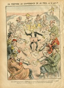 Illustration von Achille Lemot (1846-1909) in Le Pelerin, 03/02/07 - Vorbereitung der Friedenskonferenz - Russland, Deutschland Preußen, Asien, Musik, Amerika USA, England Großbritannien, Osten, Europa, Italien, China, Kanonen, Granaten, Frieden, Tanz, Fra