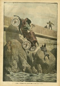 Illustration von Achille Lemot in Le Pelerin, 05/05/07 - In Cannes fällt das Auto von Herrn Liegard ins Meer - Verschiedene Fakten, Automobil, Marine Küste, Unfälle Katastrophen von Achille Lemot
