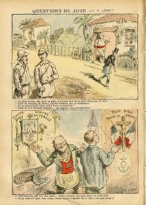 Illustration von Achille Lemot (1846-1909) in Le Pelerin, 06/10/07 - Frage des Tages - Kolonisation Kolonialismus, Antimasonismus, Religion Glaube, Atheismus, Patriotismus, Exil, Katholizismus - Siedler, Entdecker, Sträflinge, Sträflingslager von Achille Lemot