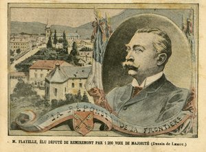 Illustration von Achille Lemot (1846-1909) in Le Pelerin, 07/02/04 - M. Flayelle, gewählter Abgeordneter von Remiremont mit 1200 Stimmen Mehrheit - Wahlen, Elsass Lothringen, Abgeordnetenkammer, Patriotismus, Grenzen, Remiremont, Vogesen - Abgeordneter, Fl von Achille Lemot