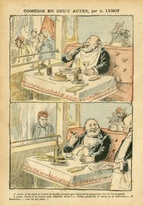 Illustration von Achille Lemot (1846-1909) in Le Pelerin, 22/05/04 - Komödie in zwei Akten - Restaurant Cafés, Gastronomie Kochen, Sozialismus - Caféjungen, Trüffel - Fett/Mager