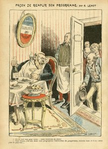 Illustration von Achille Lemot (1846-1909) in Le Pelerin, 23/07/05 - Wie man sein Programm erfüllt - Soziales, Elend, Gastronomie Koch, Sozialismus - Jaurès Jean, Abgeordneter, Homemans - Lebensmittelmetapher, Opposition/Assoziation