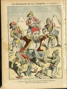 Illustration von Achille Lemot (1846-1909) in Le Pelerin, 25/10/08 - Die Zerstückelung der Türkei - Türkei, Religion Glaube, Balkan, Bulgarien, Bosnien Herzegowina, Kreta, Katholizismus - Abdul-Hamid II (1842-1918)