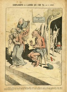 Illustration von Achille Lemot (1846-1909) in Le Pelerin, 31/12/05 - Komplimente des Jahres, das vergeht - Religion Glaube, Katholizismus - Combes Emile (1835-1921), Teufel, Zeit (Allegorie) von Achille Lemot