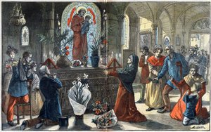 Die Andacht zu Sankt Antonius von Padua vereint vor seinem Altar alle Gesellschaftsschichten - Illustration von Achille Lemot in „Le-Pelerin“ von 1896