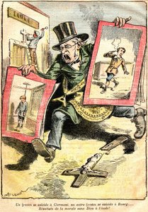 Die Ergebnisse: ein Schüler-Selbstmord in Clermont, ein anderer in Bourg: Ergebnisse der Moral ohne Gott in der Schule! - Karikatur von Achille Lemot (1846-1909) in Le Pelerin (1909) - Opposition von Laizität und religiöser Lehre (katholisch) - ein Beamter