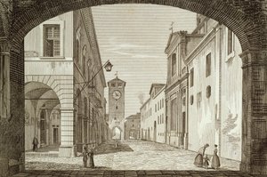 Ansicht des Platzes von Castel Bolognese in der Legation von Ravenna, graviert von Achille Parboni