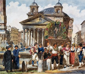 Erdbeerfest am Pantheon in Rom, Aquarell von Achille Pinelli, Italien von Achille Pinelli