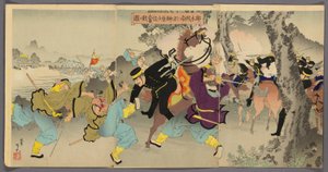 Leutnant Kommandant Sakakibara kämpft tapfer südlich von Ximucheng (Takubokujo nan ni oite Sakakibara shosa funsen no zu) von Adachi  Ginkō