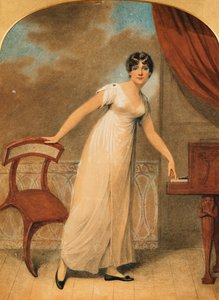Porträt einer Dame, ganzfigur, in einem weißen Kleid bei einem Klavier, 1801 von Adam Buck