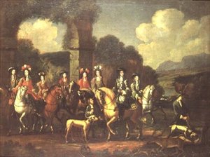 Eine elegante Jagdgesellschaft bei einer Ruine von Adam Frans van der (follower of) Meulen