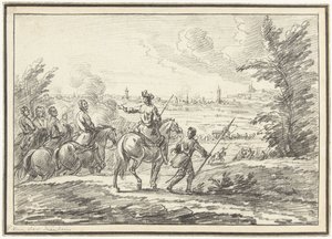 Reiter auf einem Hügel vor einer Stadt