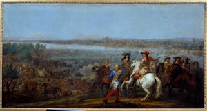 Holländischer Krieg: „Der Übergang über den Rhein am 12.06.1672“ Die Armeen von König Ludwig XIV. (1638-1715) und Louis II. von Bourbon, Prinz von Condé (Grand Condé) (1621-1686) überqueren den Rhein bei Tolhuis