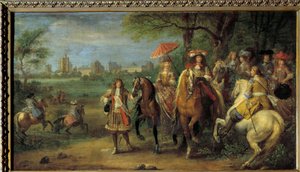 König Ludwig XIV. (1638-1715) und Königin Marie-Therese von Österreich (1638-1683) vor dem Schloss Vincennes im Jahr 1669